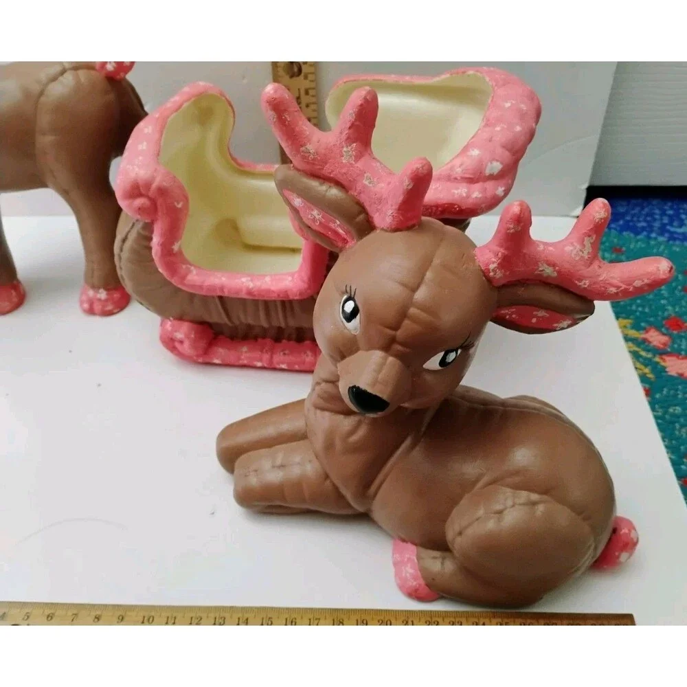 Vintage 1987 Kimple Softy Ceramic Reindeer Sleigh Set 3 Pc Quilted Pink Decor